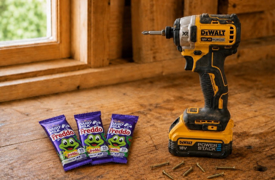 A DeWalt drill and Cadbury chocolate